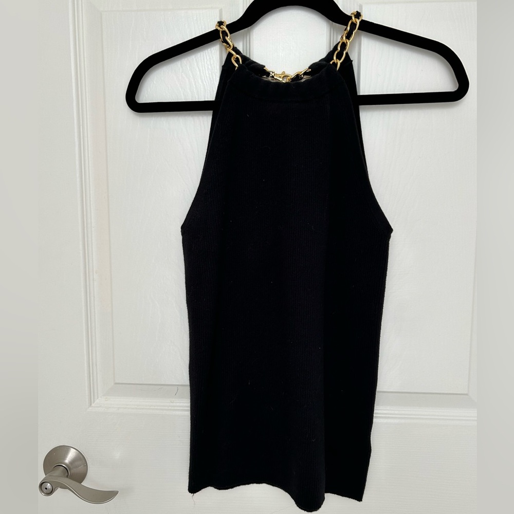 MICHAEL KORS BLACK HALTER TOP WITH GOLD CHAIN
